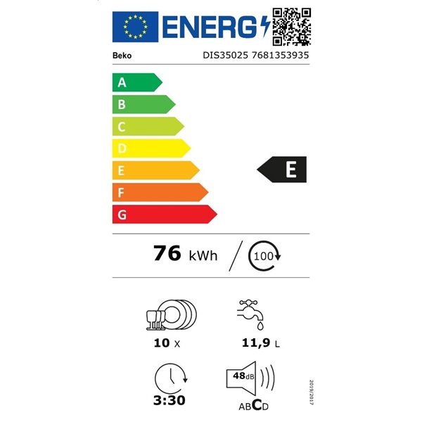 Beko DIS35025 beépíthető keskeny 10 terítékes mosogatógép