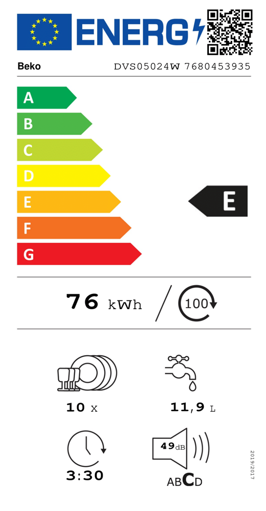 Beko DVS05024W fehér, programok száma: 5, keskeny szabadonálló, 10 terítékes mosogatógép 
