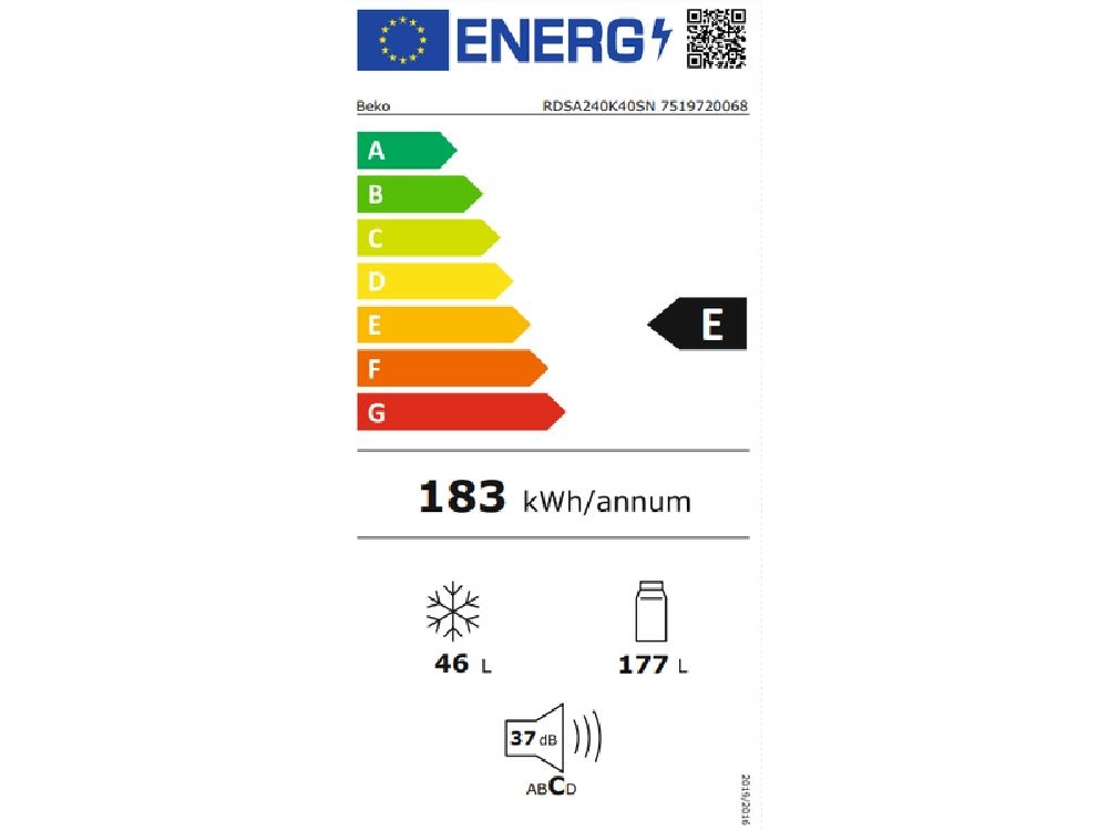 Beko RDSA240K40SN ezüst, felülfagyasztós, Hűtő:177L, Fagyasztó:46L, hűtőszekrény