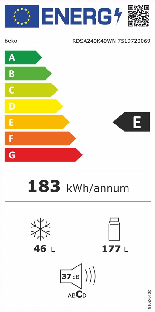 Beko RDSA240K40WN, felülfagyasztós, Hűtő:177L, Fagyasztó:46L, hűtőszekrény