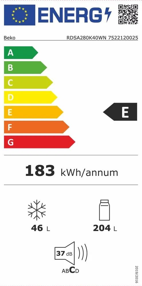 Beko RDSA280K40WN fehér, felülfagyasztós, Hűtő:204L, Fagyasztó:46L, Minfrost hűtőszekrény