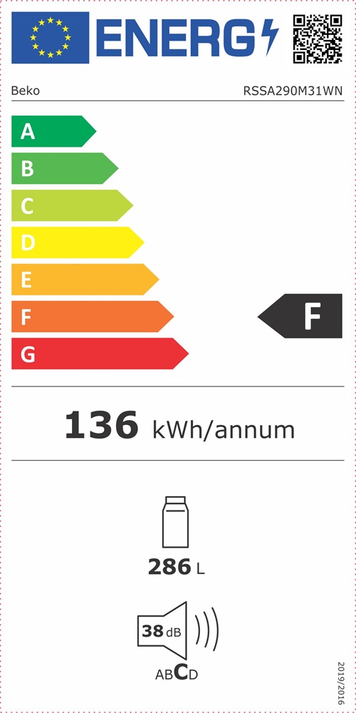 Beko RSSA 290M31WN fehér, egyajtós, Hűtő:286L, hűtőszekrény