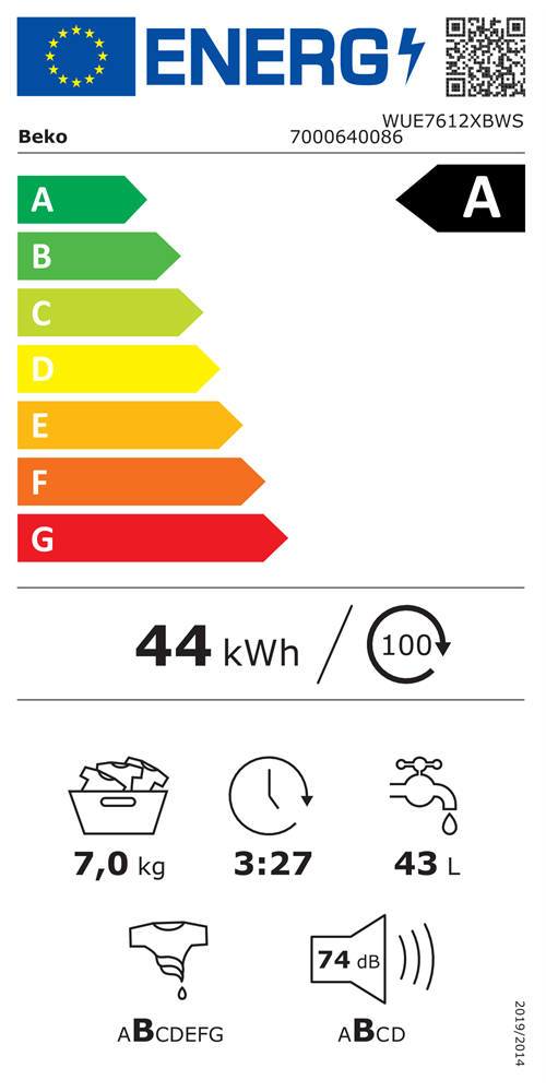 Beko WUE7612XBWS fehér, elöltöltős, keskeny, max.1200ford., 7 kg, mosógép