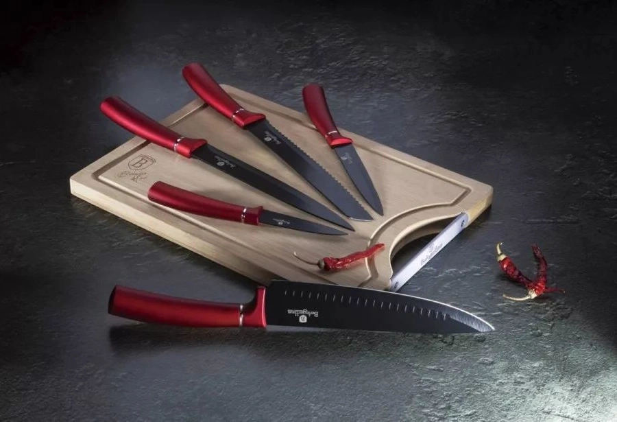 Berlinger Haus BH/2552NO bambusz vágódeszkával, Metallic Line Burgundy Edition 6 részes késkészlet