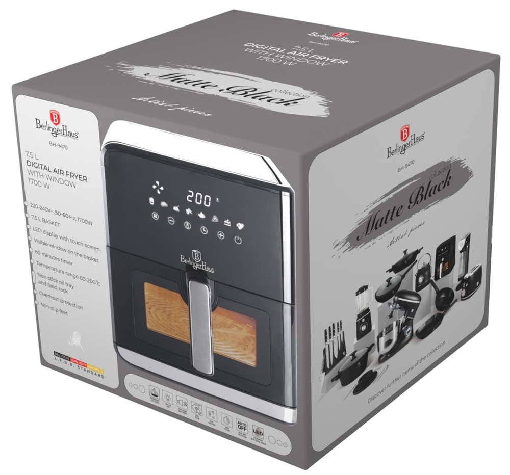Berlinger Haus BH/9470 7,5 L fekete- ezüst forrólevegős sütő