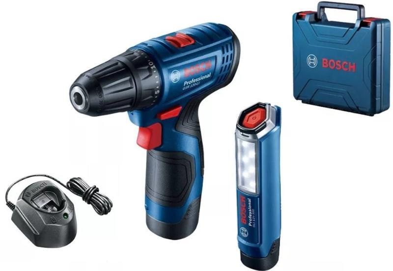 Bosch 06019G8004 GSR 120-Li 12V 2x2,0Ah kofferben akkus fúró-csavarozó + GLI 12V-300 lámpa