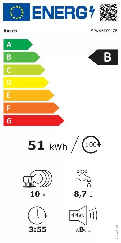 Bosch SPV4EMX17E ezüst, programok száma:6, beépíthető, 10 terítékes mosógatógép