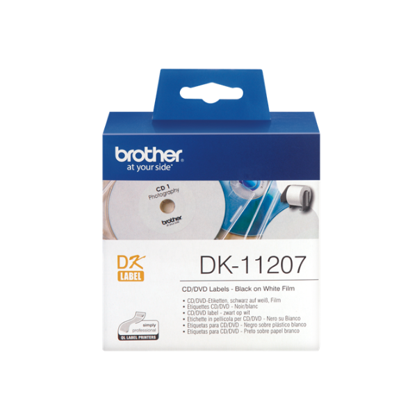 Brother Etikett címke DK-11207, CD/DVD címke, Elővágott (stancolt), Filmrétegű címke, Fehér alapon fekete, 100 db
