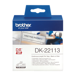 Brother Etikett címke DK22113, Átlátszó alapon fekete, folytonos, filmrétegű szalag 62mm, 62mm x 15.24M