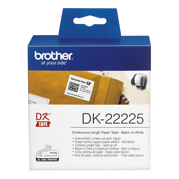 Brother Etikett címke DK-22225, Fehér alapon fekete papírszalag tekercsben 38mm, 38mm x 30.48M