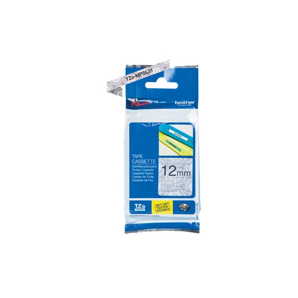 Brother szalag TZe-MPSL31, Ezüst mintás alapon Fekete, Laminált, 12mm 0.47", 4 méter