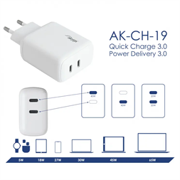 Akyga 2x USB-C PD 5-12V / max. 3A 40W Quick Charge 3.0 gyorstöltő