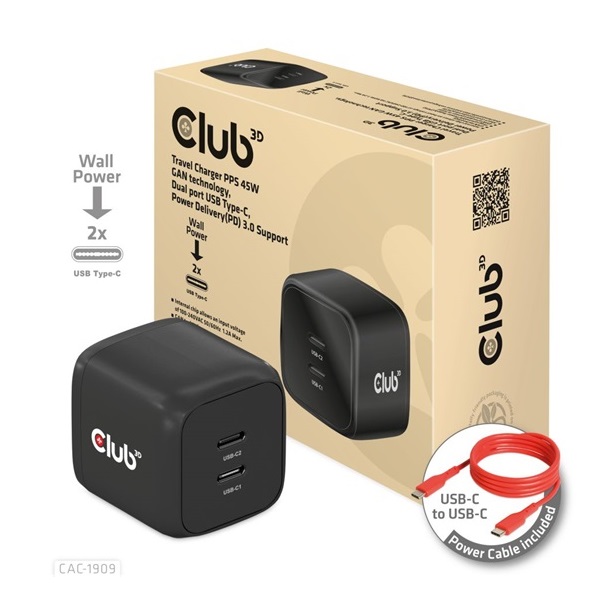 CHG Club3D PPS 45W GAN technology, Dual port USB Type-C, Power Delivery(PD) 3.0 Support - Hálózati töltő