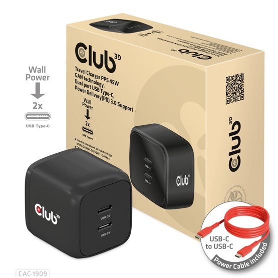 CHG Club3D PPS 45W GAN technology, Dual port USB Type-C, Power Delivery(PD) 3.0 Support - Hálózati töltő