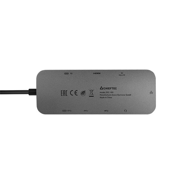 CHIEFTEC USB HUB 9-in-1, USB-C, 2xUSB-A, USB-C, HDMI, microSD/SD kártyaolvasó, Ethernet, 80W USB-C Töltő port, fekete