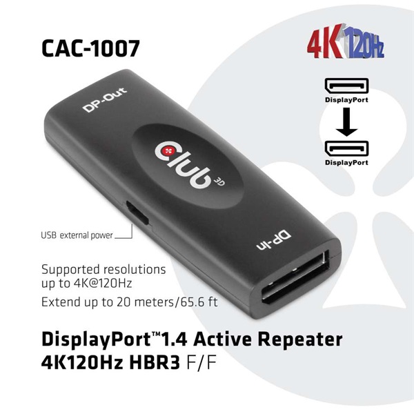 CLUB3D Displayport 1.4 4K120Hz HBR3 Active Repeater