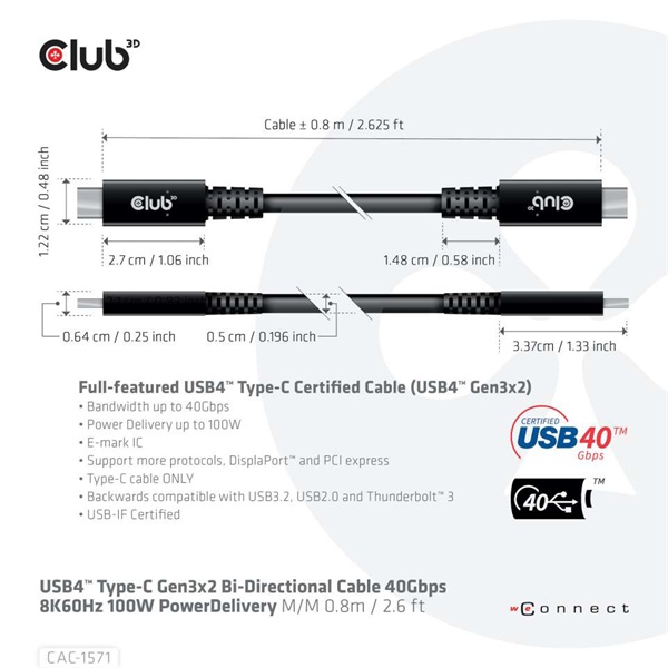CLUB3D USB4 Type C - USB4 Type-C 8K60Hz 0.8m kábel