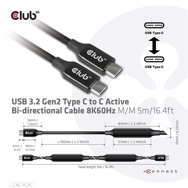 CLUB3D USB 3.2 Type C - USB 3.2 Type C 8K60Hz 5m kábel