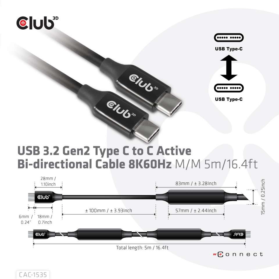 CLUB3D USB 3.2 Type C - USB 3.2 Type C 8K60Hz 5m kábel