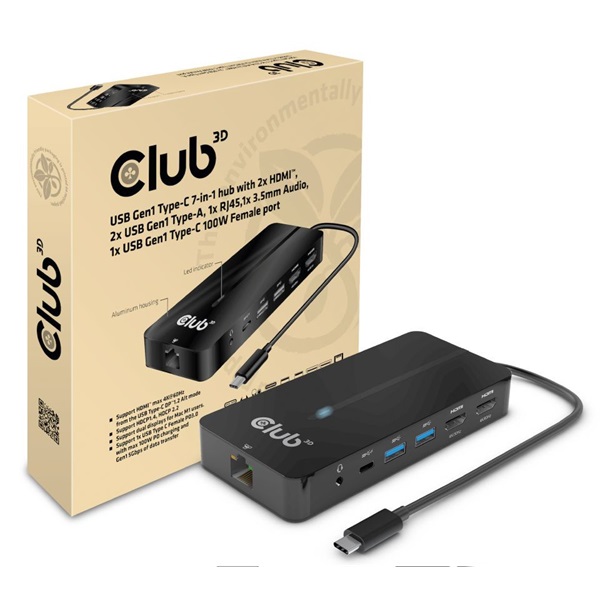 CLUB3D USB-C 7-IN-1 2xHDMI/2xUSB-A/RJ45/3,5mm jack/USB-C 100W HUB