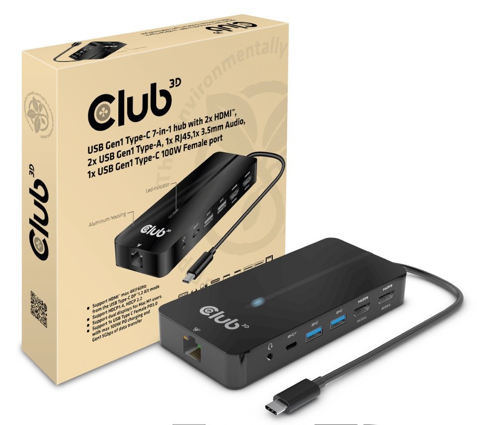 CLUB3D USB-C 7-IN-1 2xHDMI/2xUSB-A/RJ45/3,5mm jack/USB-C 100W HUB