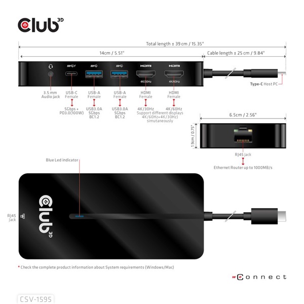 CLUB3D USB-C 7-IN-1 2xHDMI/2xUSB-A/RJ45/3,5mm jack/USB-C 100W HUB