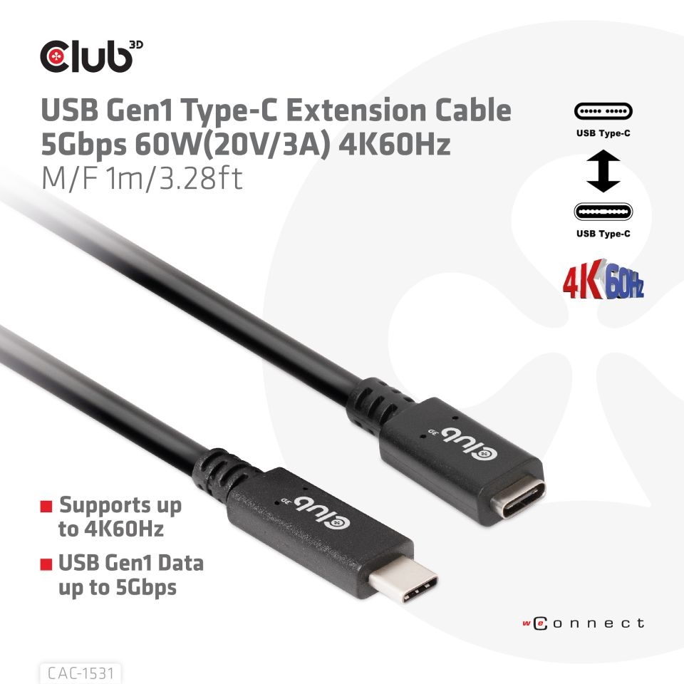 CLUB3D USB Gen1 Type C - USB Type C 4K60Hz 1m kábel