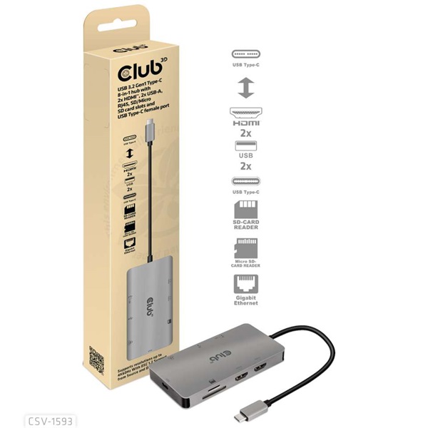 CLUB3D USB Type C 8in1 (2xHDMI, 2xUSB A, RJ45, SD/microSD, USB Type-C) HUB