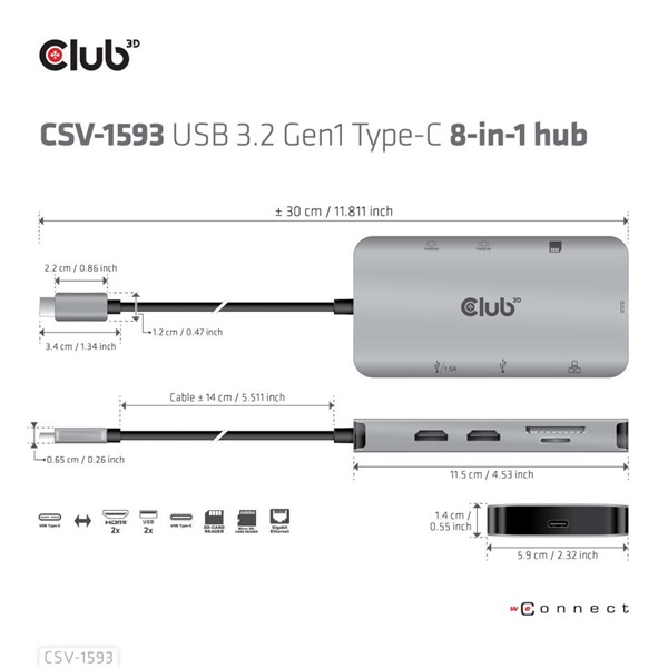 CLUB3D USB Type C 8in1 (2xHDMI, 2xUSB A, RJ45, SD/microSD, USB Type-C) HUB