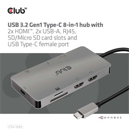 CLUB3D USB Type C 8in1 (2xHDMI, 2xUSB A, RJ45, SD/microSD, USB Type-C) HUB