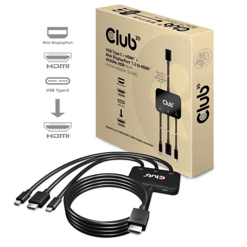 CLUB3D USB Type C + HDMI + Mini Displayport 1.2 - HDMI 4K60Hz HDR aktív adapter