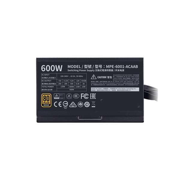 COOLER MASTER Tápegység MWE 600, 600W, 12cm, 80+ Bronze V2, Aktív PFC