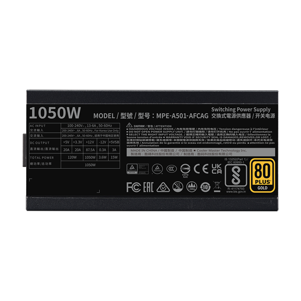 COOLER MASTER Tápegység Moduláris MWE GOLD 1050 - V2 ATX 3.0 1050W, 14cm, 80+ Gold