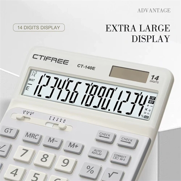 CTIFREE CT-140E fehér ergonómikus számológép, 145x198mm, 14 számjegy, dual power, 2 év garancia