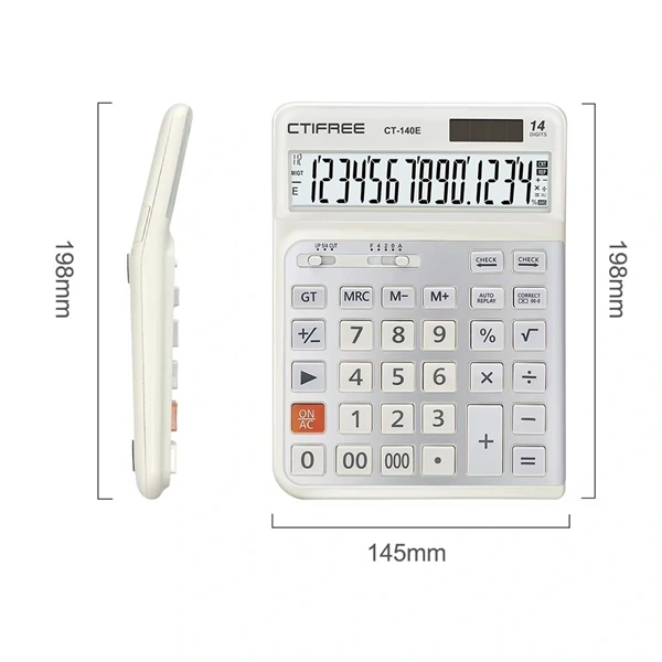 CTIFREE CT-140E fehér ergonómikus számológép, 145x198mm, 14 számjegy, dual power, 2 év garancia