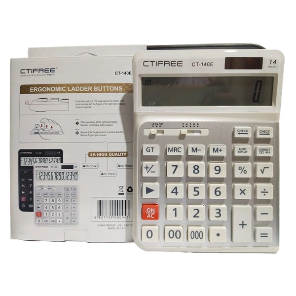 CTIFREE CT-140E fehér ergonómikus számológép, 145x198mm, 14 számjegy, dual power, 2 év garancia