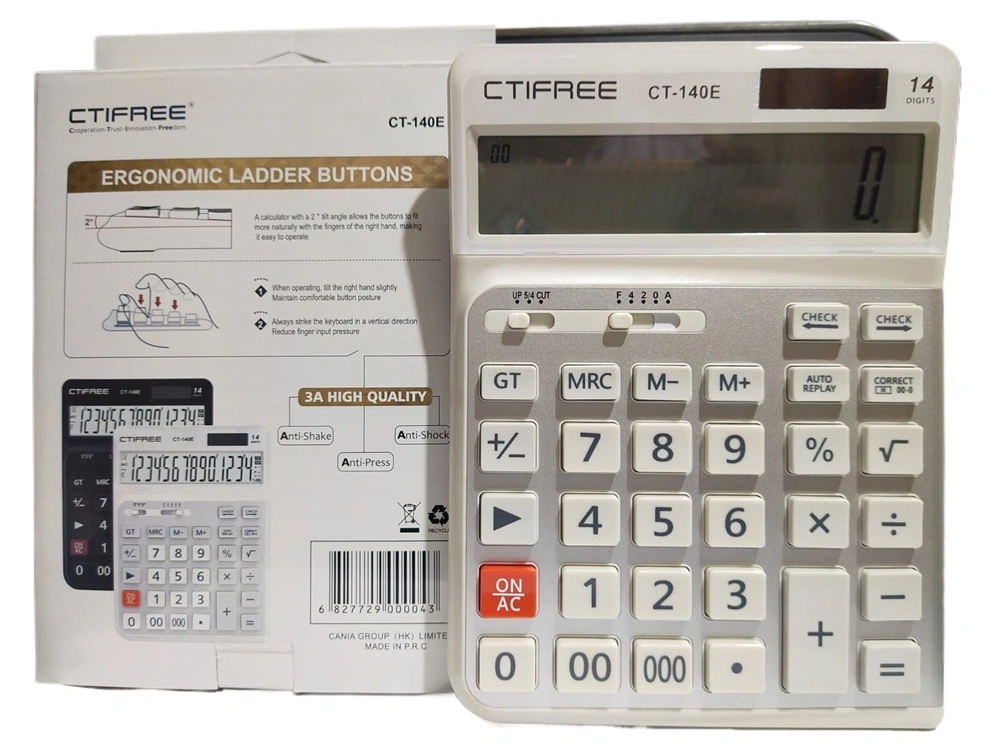 CTIFREE CT-140E fehér ergonómikus számológép, 145x198mm, 14 számjegy, dual power, 2 év garancia