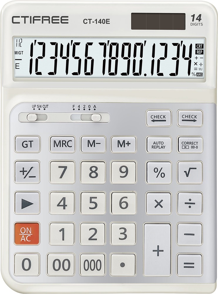 CTIFREE CT-140E fehér ergonómikus számológép, 145x198mm, 14 számjegy, dual power, 2 év garancia (Újszerű)