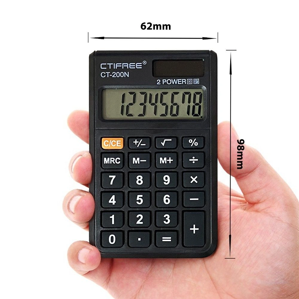 CTIFREE CT-200N mini fekete számológép, 62x96mm, 8 számjegy, dual power, 2 év garancia