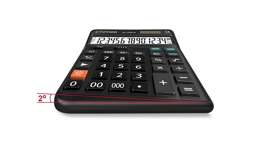 CTIFREE UL-140E-BK fekete ergonómikus számológép, 145x198mm, 14 számjegy, dual power