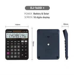 CTIFREE DJ-160Dplus fekete számológép, 145x190mm, 16 számjegy, TAX funkció, dual power, 2 év garancia