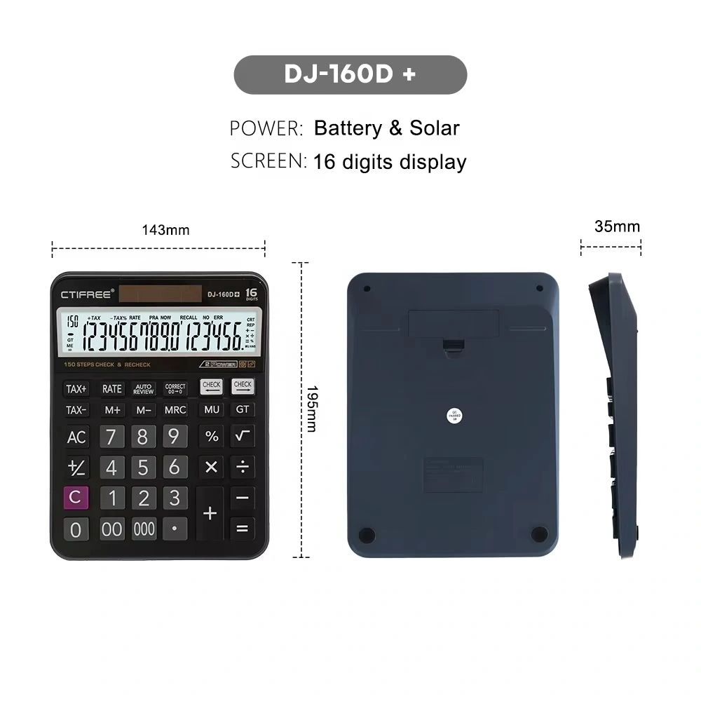 CTIFREE DJ-160Dplus fekete számológép, 145x190mm, 16 számjegy, TAX funkció, dual power, 2 év garancia