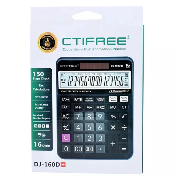 CTIFREE DJ-160Dplus fekete számológép, 145x190mm, 16 számjegy, TAX funkció, dual power, 2 év garancia