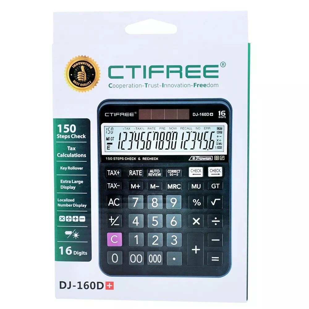 CTIFREE DJ-160Dplus fekete számológép, 145x190mm, 16 számjegy, TAX funkció, dual power, 2 év garancia