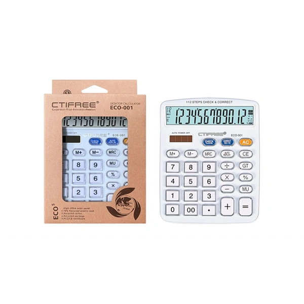 CTIFREE ECO-001 fehér számológép, 120x154mm, 12 számjegy, dual power, 2 év garancia