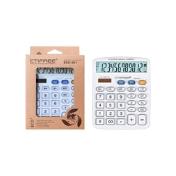 CTIFREE ECO-001 fehér számológép, 120x154mm, 12 számjegy, dual power, 2 év garancia