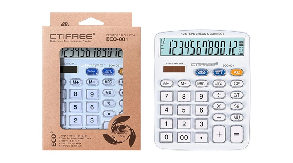 CTIFREE ECO-001 fehér számológép, 120x154mm, 12 számjegy, dual power, 2 év garancia