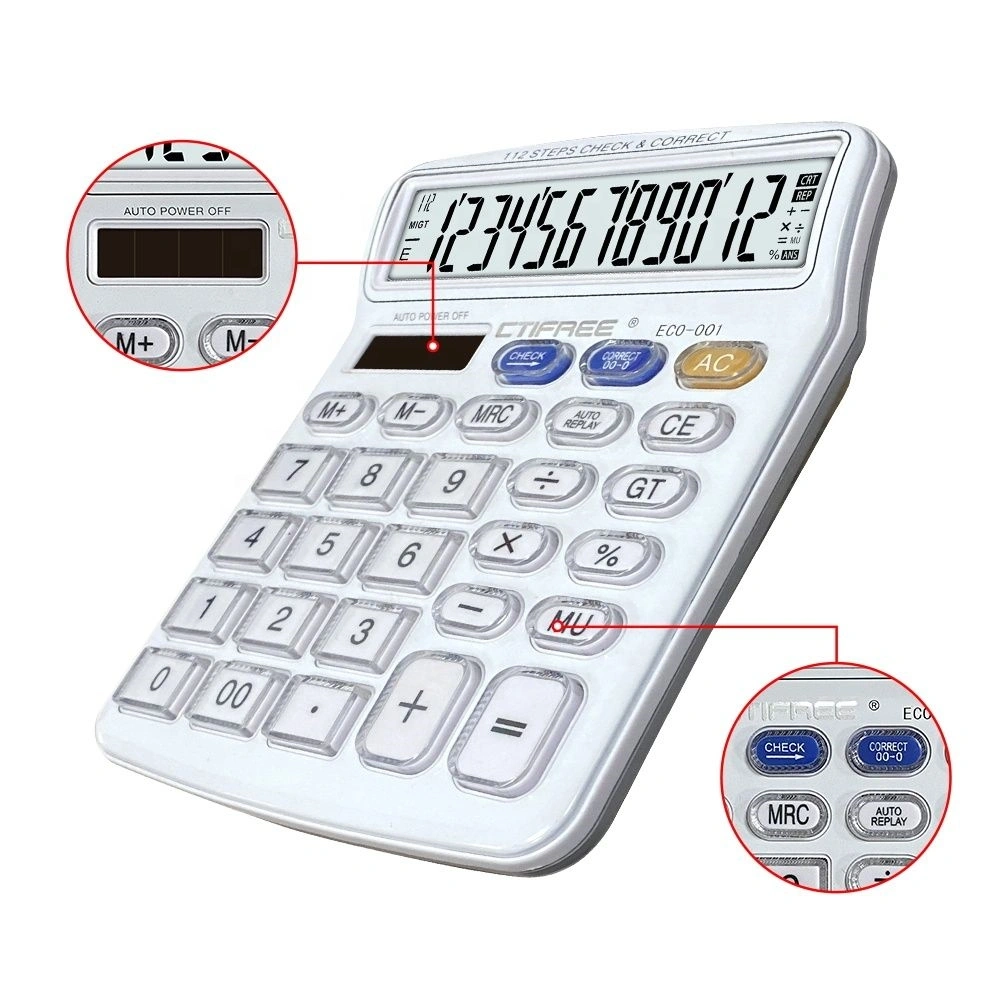 CTIFREE ECO-001 fehér számológép, 120x154mm, 12 számjegy, dual power, 2 év garancia