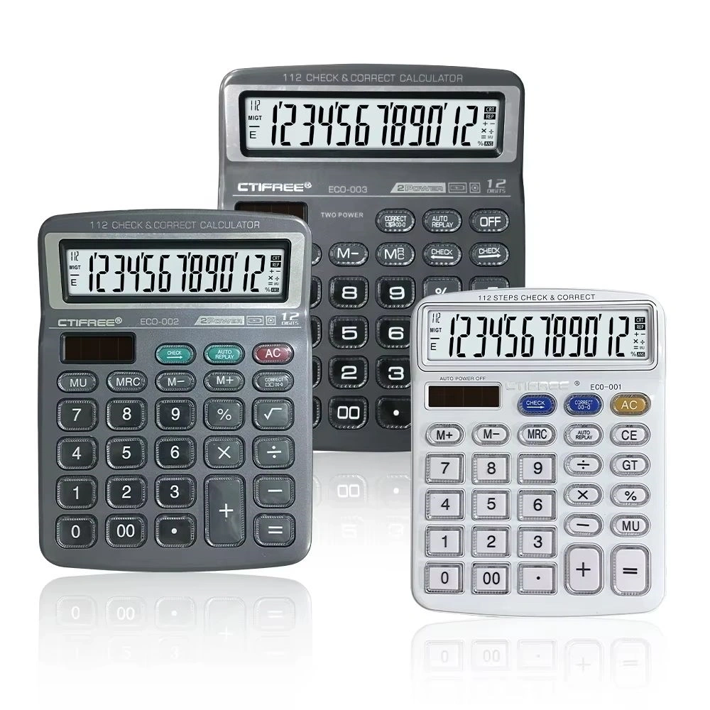 CTIFREE ECO-002 fekete számológép, 138x178mm, 12 számjegy, dual power, 2 év garancia