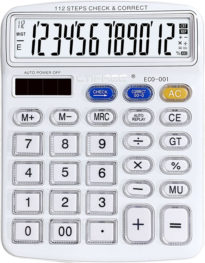 CTIFREE ECO-001 fehér számológép, 120x154mm, 12 számjegy, dual power